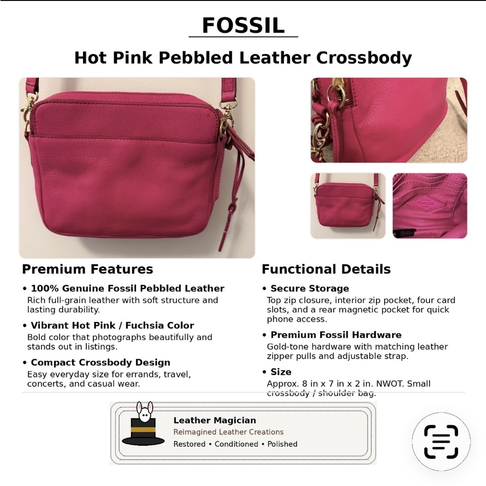Fossil Hot Pink Crossbody/Shoulder Bag- NWOT: 100% Genuine “Leather”